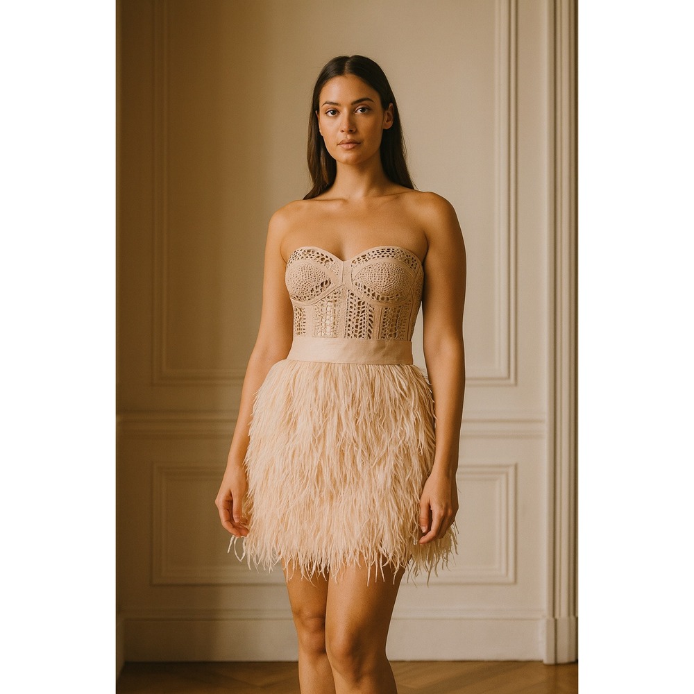 Cream nude studs & feathers Isis mini cocktail party home coming dress Medium‎